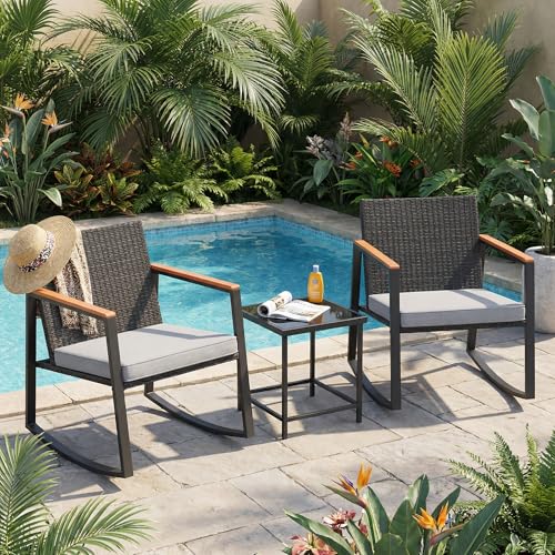 Gizoon 3 Pieces Rocking Patio Bistro Set with Anti-Scald Armrest, Outdoor Patio Wicker Furniture Set with Glass Table and Cushion for Garden, Yard, Porch