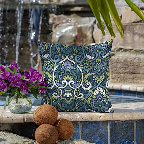 Arden Outdoor Toss Pillow, 2 Pack, 16 x 16, Rain-Proof, Fade Resistant Sapphire Aurora Blue Damask