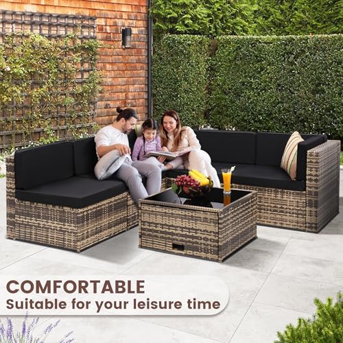 KROFEM 8-Piece Patio Furniture Set, Outdoor Wicker Rattan Sectional with Thick Cushions, Glass Top Table with Hidden Storage, Outdoor Conversation Set for Backyard, Porch, Patio, Black