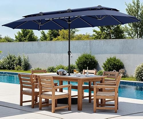 PHI VILLA 13ft Large Patio Umbrellas with Base Included, 2-Tier Double-Sided Outdoor Market Rectangle Umbrella for Outside, Blue