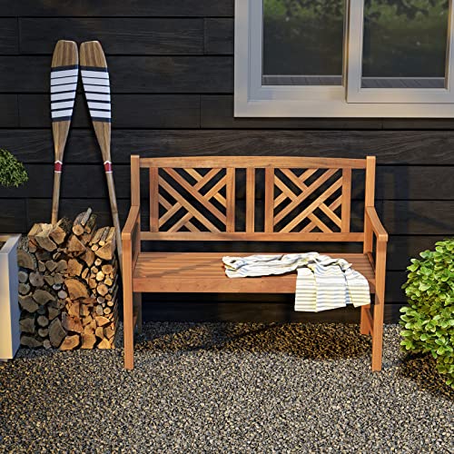 Giantex Outdoor Wooden Garden Bench - 2-Person Acacia Wood Loveseat with Armrests, Backrest, 800lbs Capacity, Patio Park Bench for Backyard, Front Porch Bench (Non-Foldable)