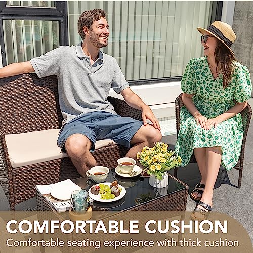 Devoko 4 Pieces Outdoor Patio Furniture Set, PE Rattan Wicker Chairs Balcony Lawn Porch Patio Furniture Sets with Beige Cushion and Table (Brown)