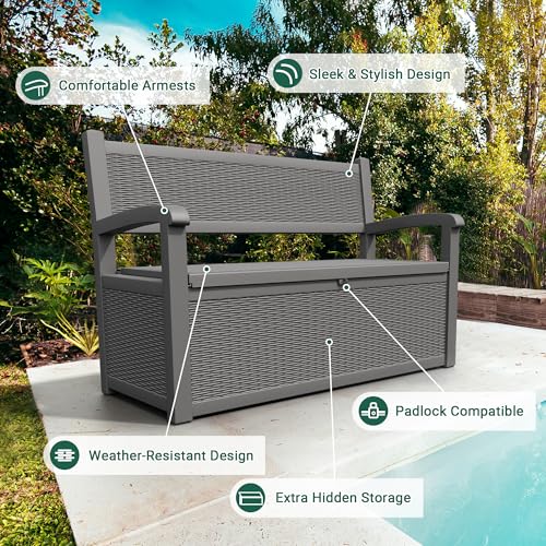 GULAIMOAO 80 Gallon Outdoor Storage Box, Resin Patio Furniture with Armrest, Lockable Deck Box with Waterproof and UV Resistant for Patio Cushions, Garden Tools and Pool Supplies, Grey
