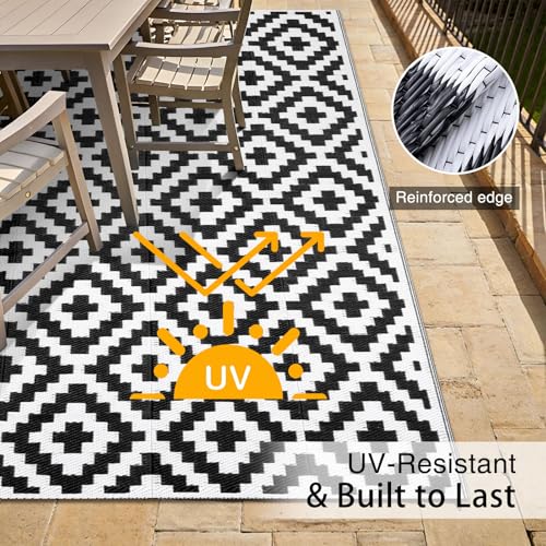 OLANLY Waterproof Outdoor Rug 5x8 ft, Outdoor Plastic Straw Rug for Camping, RV Mat Outside, Indoor Outdoor Carpet for Porch, Deck, Backyard, Balcony, Picnic, Black & White