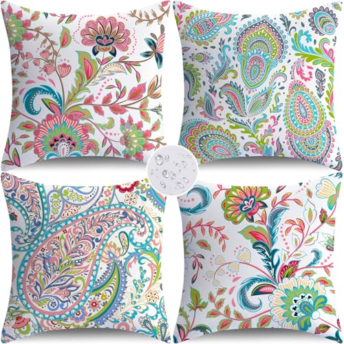 NIGHTWISH Outdoor Waterproof Pillow Covers 18x18 Set of 4 Spring Summer Floral Boho Decorative Outdoor Throw Pillows Paisley Cushion Cases for Patio Furniture Bench Couch Sunbrella