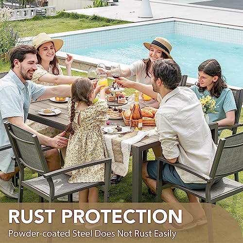 Devoko Patio Dining Set 7 Piece Outdoor Furniture with Rectangular Table and 6 Stackable Chairs Family Conversation Set for Garden Backyard Deck (Grey)