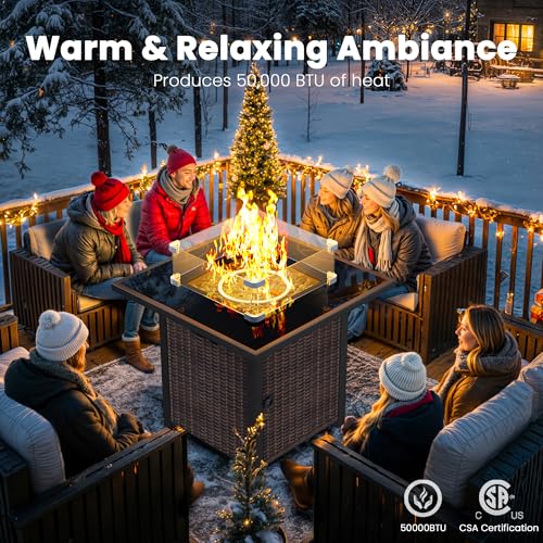 Propane Fire Pit Table, Outdoor Fire Pit Table, 28" Rattan Square Outdoor Gas FirePit with Glass Wind Guard, Tempered Glass Tabletop, Lid, CSA Listed, 50,000 BTU, Outside Patio Deck & Garden, Brown