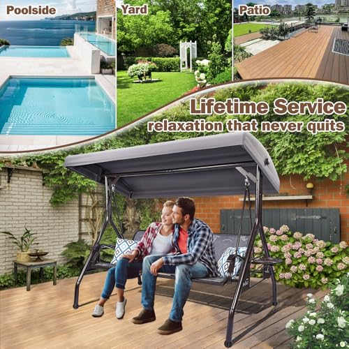 ZZW 3 Person Patio Swing Outdoor Swing for Adults with Adjustable Canopy &Upgraded Cup Holders Textilene Fabric Porch Swing Chair with Stand Heavy Duty 800 LBS
