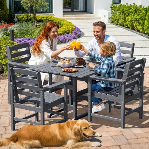 PamapicLife Outdoor HDPE Dining Table Set, 5-Piece All-Weather HDPE Outdoor Table and Chairs with Elegant Armrest, Wood Grain Patio Furniture Sets with Umbrella Hole for Porch, Backyard, Gray