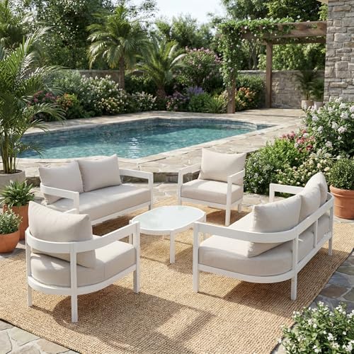 Christopher Knight Home Lula 7-Seater Patio Furniture Set with Coffee Table, 5 Piece Outdoor Conversation Set with Cushion, Aluminum Outdoor Sectional Sofa Set, White+Beige