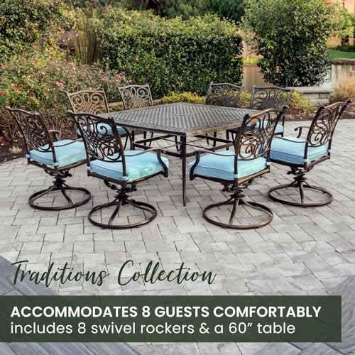 Hanover Traditions 9-Piece Rust Resistant Aluminum Outdoor Patio Dining Set with Blue Cushions, Swivel Rockers and Aluminum Square Dining Table, Outdoor Dining Set For 8