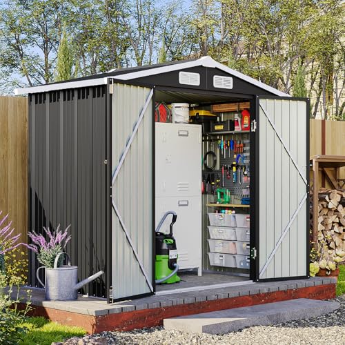 Breezestival 6x4FT Outdoor Storage Shed, Metal Garden Tool Shed with Sloping Roof & Lockable Door for Patio Lawn Backyard (Black, 6x4FT)