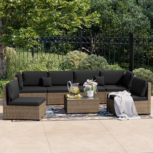 LHBcraft 7 Pieces Outdoor Furniture Set, Wicker Furniture Patio Conversation Sets with Tea Table and Thickened Black Cushions, Outdoor Patio Sectional Sofa for Garden, Poolside, Backyard