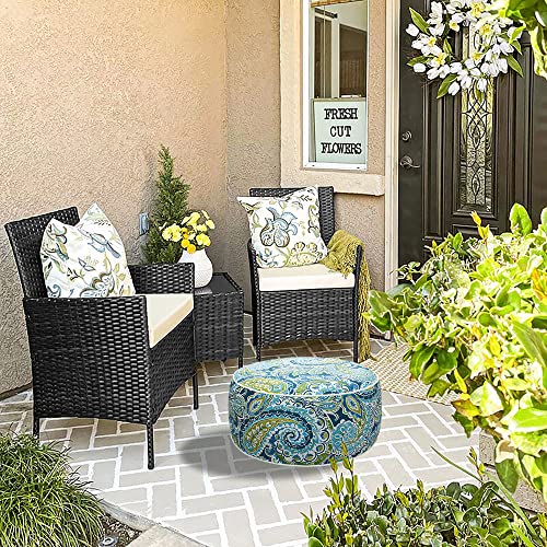 Magpie Fabrics Indoor/Outdoor Inflatable Stool Ottoman Pouf, Water Repellent Round Footrest Footstool D20 xH9, Portable for Patio Garden Camping or Home, Paisley Lapis Green