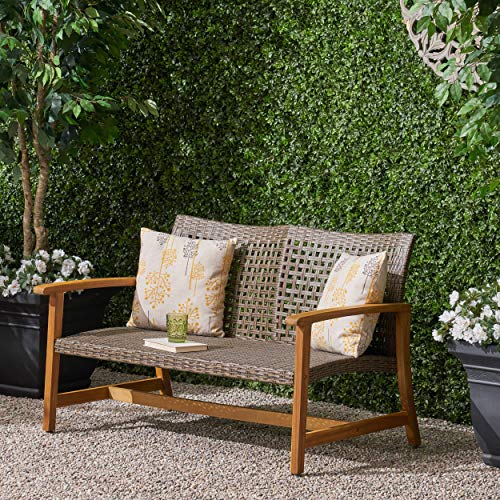 Great Deal Furniture Marcia Outdoor Wood and Wicker Loveseat, Natural Finish with Mix Mocha Wicker,Mix Mocha, Natural Stained Finish,307798
