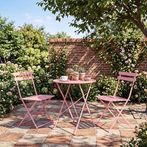 GarveeHome 3-Piece Foldable Bistro Set, Outdoor Patio Furniture with 2 Folding Chairs & 1 Table, Weather-Resistant Indoor/Outdoor Conversation Set for Patio, Garden, Balcony, Pink Flat Tube