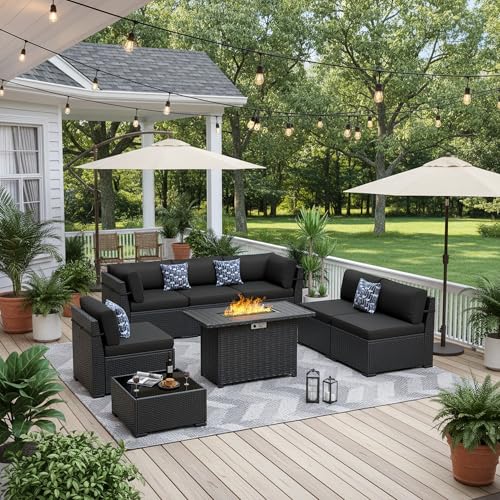 VONZOY 8 Piece Patio Furniture Set with 44” Fire Pit Table All-Weather Wicker Conversation Sectional Sofa & Coffee Table with Thickened Cushions for Backyard, Garden(Black)