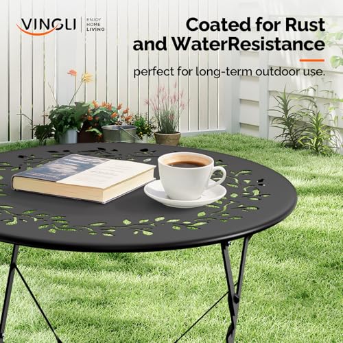 VINGLI Outdoor Folding Bistro Table and Chairs Set of 2, 3-Piece Bistro Set with Olive Leaf Cutout Design and Comfortable Cushions for Patio, Balcony, Garden, Porch, Yard, Black