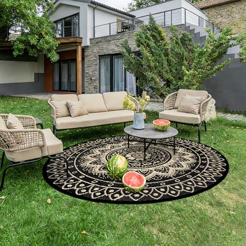 Round Outdoor Rugs for Patios, 6Ft Waterproof Reversible Plastic Straw Mat with Carry Bags, Boho Lightweight Outdoor Carpet Portable Round Floor Mat for Patio Camping Picnic Backyard RV,Black Camel
