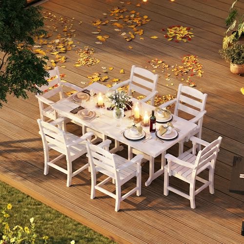 HOPUBUY 7 Pieces Patio Dining Set for 6, 71" HDPE All-Weather Patio Table and Chairs Set with Umbrella Hole, Durable Outdoor Furniture Set for Garden, Backyard, Lawn & Poolside (White)