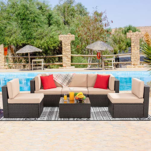 Vongrasig 6 Pieces Patio Furniture Set, Outdoor Sectional Patio Sofa Couch, PE Wicker Rattan Patio Set with Coffee Table for Garden, Backyard, Poolside (Beige)