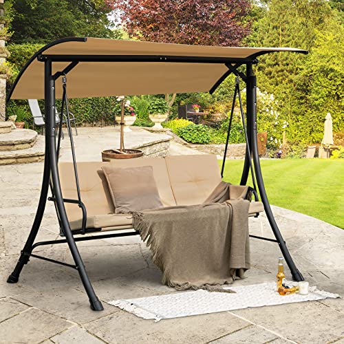 Tangkula 3 Person Porch Swing, Outdoor Swing with Removable Cushions, Solid Steel Structure, Patio Swing with Adjustable Canopy for Garden, Backyard, Balcony, Poolside Beige