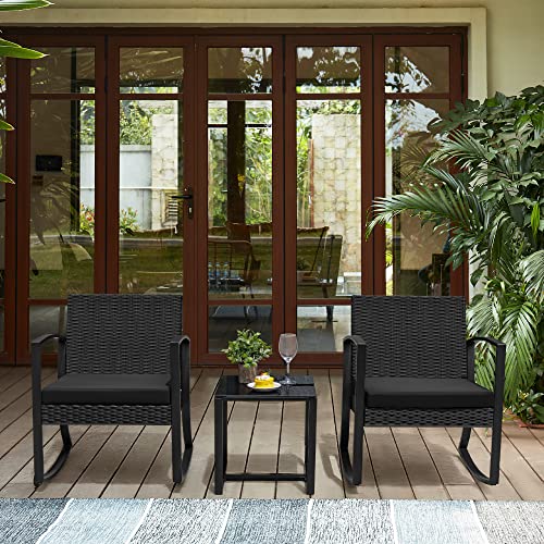 Greesum 3 Pieces Outdoor Furniture Set Patio Bistro Rocking Chairs with Glass Coffee Table for Pool Beach Backyard Balcony Porch Deck Garden, Dark Black