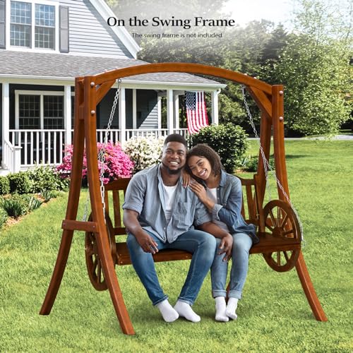 VINGLI Farmhouse Style Porch Swing, 5 FT Wooden Porch Swing Outdoor with Wheels Hold 880 LBS, Rustic Pine Wood Hanging Swing for Countryside, Yard, Garden