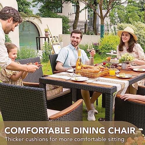 Devoko Dining 7 PCS Furniture, Patio Conversation Set with Acacia Wood Table Top, Outdoor, Beige Cushion and Black Rattan