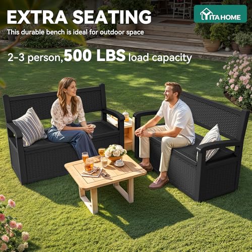 YITAHOME 80 Gallon Storage Bench Deck Box, Lockable Patio Bench with Hidden Storage, Waterproof Outdoor Pool Deck Storage for Patio Cushions, Garden Tools and Pool Supplies, Black