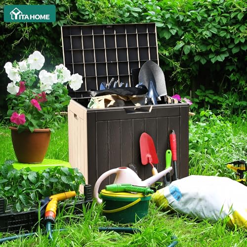 YITAHOME 31 Gallon Outdoor Storage Deck Box, Waterproof Resin Package Delivery and Storage Box with Lockable Lid for Patio Furniture Cushions, Pool Accessories, Garden Tools, Taupe