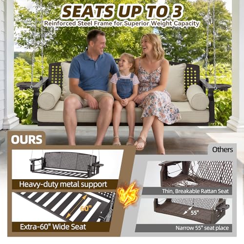 Yalissey 3 Seat Hanging Porch Swing, Patio Swing Bench with Cup Holders & 3 Back Cushions, Swing Chair with Chains for Deck Garden Backyard,Beige(60-Inch Width)