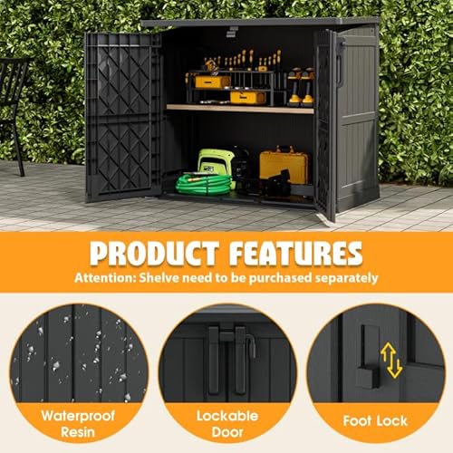 LHBcraft Outdoor Storage Cabinet 36 Cu Ft with Lockable Doors, Portable Horizontal Resin Storage Shed - Easy to Assemble, Waterproof Small Storage Shed with Floor Black