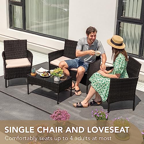 Devoko 4 Pieces Patio Porch Furniture Sets PE Rattan Wicker Chairs Beige Cushion with Table Outdoor Garden Patio Furniture Sets (Black)