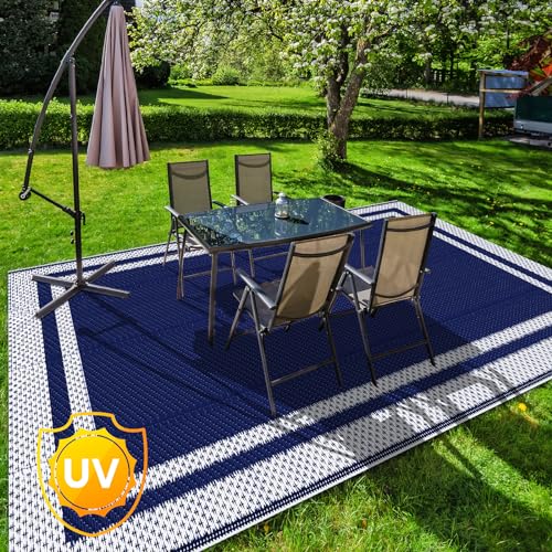 KMAT Outdoor Rug, Waterproof Reversible Patio Rugs, 5x8ft Large Outdoor Area Rug Foldable Plastic Camping Rugs for Outside RV, Patio,Picnic,Camper,Balcony,Porch (Blue &White)