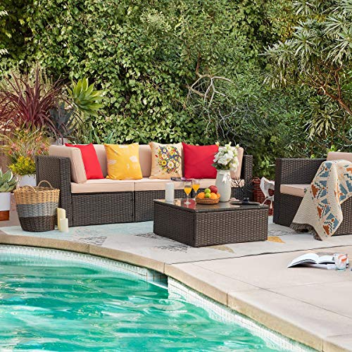 Homall 5 Pieces Outdoor Patio Furniture Sectional Safa Modern Wicker Sets with Cushion All Weather Rattan Conversation Set with Modern Glass Coffee Table for Patio Backyard Poolside Garden