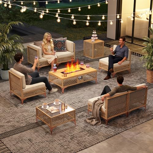 LYNSLIM Outdoor Fire Pit Table with Tank Table, CSA Certifed 60,000 BTU Stainless Steel Burner, Rattan Rectangular Propane Patio Firepit Table for Outside with Exterior, Porch, Backyard or Garden