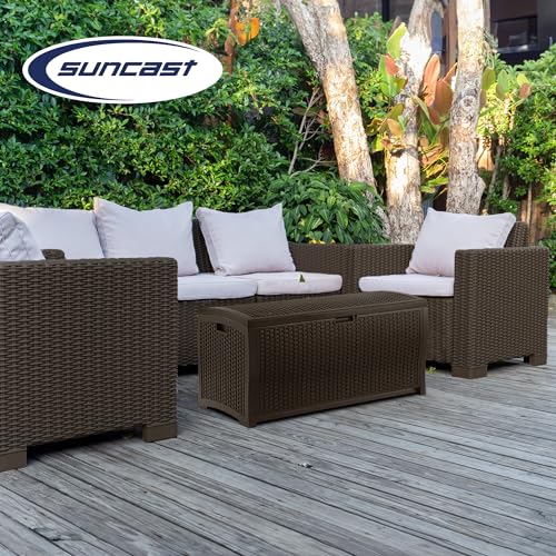 Suncast Outdoor Storage Box - 73 Gallon Mocha Brown Deck Box for Patio, weather-resistant Outdoor Storage Bench, Resin Wicker Style, Heavy-Duty, Lockable Lid for Cushions, Shoes, Pool & Garden Gear