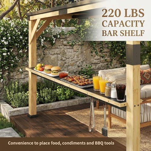 Outsunny 10' x 14' Wooden Gazebo with Galvanized Steel Sloped Roof, Hardtop Lean-to Gazebo Pergola with Bar Shelf, Large Heavy Duty Awning for Patio, Deck, Backyard, Natural Wood