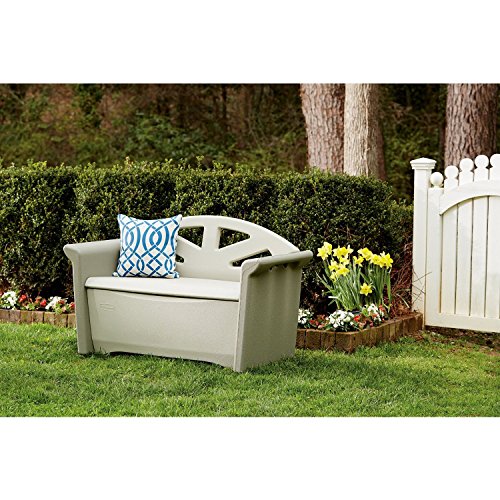 Rubbermaid Resin Outdoor Storage Bench (32 Gal), Weather Resistant, Brown/Grey, Deck Organization for Home/Backyard/Pool Chemicals/Toys/Garden Tools/Porch/Patio Cushions