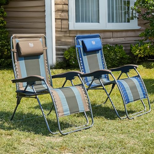 TIMBER RIDGE Outdoor Reclining Patio Padded with Adjustable Headrest and Cup Holder Foldable Zero Gravity Lawn Chair XL for Adults, Support up to 350 LBS, Brown,1 Count