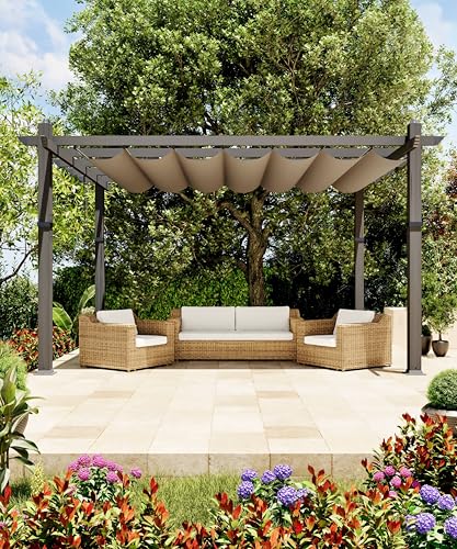 GarveeLife 10x13 ft Aluminum Pergola, Outdoor Metal Pergola with Adjustable Canopy, Reinforced Frame Outdoor Shelter for Backyard, Garden and Deck - Khaki