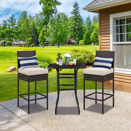 Yaheetech Set of 4 Patio Bar Stools, Outdoor PE Rattan Bar Height Chairs with Cushions & Footrests & Backrest for Indoor/Outdoor/Backyard/Porch, Max.Load 300Lb, Brown/Beige