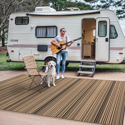 GENIMO Outdoor Rug 5x8 ft Waterproof, Reversible Plastic Straw Patio Rug for RV Camping Mat, Deck, Backyard Balcony Mat - Lightweight & Easy to Clean, BlackBrown