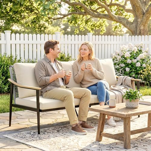 Outsunny Outdoor Patio Couch, 3 Seater Outdoor Sofa with Wood-Effect Armrests and Wicker Backrest, Outdoor Patio Furniture Couch with Cushions, Steel Frame for Porch, Garden, Backyard, Khaki