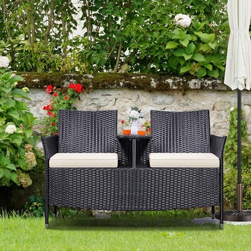 Yaheetech Patio Loveseat, Outdoor Wicker Double Chair w/Side Table, PE Rattan Furniture Set for Two People, Love Seat w/2 Removable Cushions & 1 Tempered Glass Side Table, Black/Beige