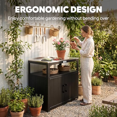 Feasto Outdoor Potting Bench with Storage, Stainless Steel Tabletop Garden Work Bench with Storage Cabinet & Removable Inner Shelf for Patio Lawn Outdoor Gardening