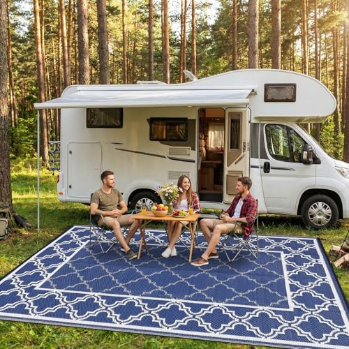 Garvee Reversible Outdoor Rug 5x8, Waterproof Outdoor Plastic Straw Rug with Interlacing Pattern, RV Mat for Picnics, Patio, Camping, Balcony, Deck, Backyard, Porch, Blue