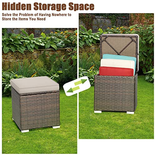 DORTALA Outdoor Storage Ottoman Wicker 2 Piece, Patio Ottomans PE Rattan Foot Rest Footstool with Cushions for Couch, Chair, Beige