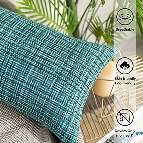 Kevin Textile Pack of 2 Decorative Outdoor Waterproof Throw Pillow Covers Lumbar Pillowcases Modern Cushion Cases for Patio Couch Bench 12 x 20 Inch Teal